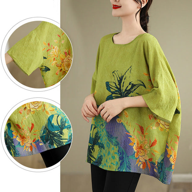 Buddha Stones Yellow Green Flowers Three Quarter Sleeve Linen T-shirt Tee Women's T-Shirts BS 10