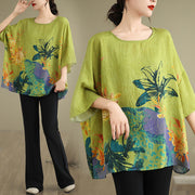 Buddha Stones Yellow Green Flowers Three Quarter Sleeve Linen T-shirt Tee Women's T-Shirts BS 11