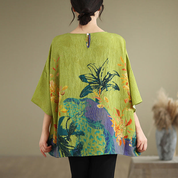 Buddha Stones Yellow Green Flowers Three Quarter Sleeve Linen T-shirt Tee Women's T-Shirts BS 1