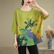 Buddha Stones Yellow Green Flowers Three Quarter Sleeve Linen T-shirt Tee Women's T-Shirts BS 4