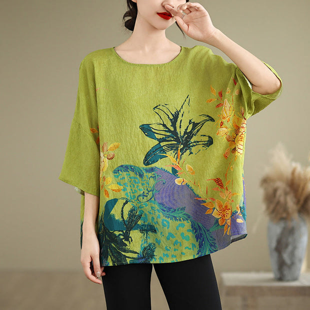 Buddha Stones Yellow Green Flowers Three Quarter Sleeve Linen T-shirt Tee Women's T-Shirts BS 4