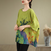Buddha Stones Yellow Green Flowers Three Quarter Sleeve Linen T-shirt Tee Women's T-Shirts BS 3