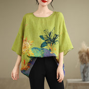 Buddha Stones Yellow Green Flowers Three Quarter Sleeve Linen T-shirt Tee Women's T-Shirts BS 2