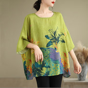 Buddha Stones Yellow Green Flowers Three Quarter Sleeve Linen T-shirt Tee Women's T-Shirts BS F(Fit for US4-14; UK/AU8-18; EU36-46)