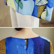Buddha Stones Blue Yellow Flowers Leaves Batwing Sleeve Linen T-shirt Tee Women's T-Shirts BS 7