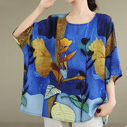 Buddha Stones Blue Yellow Flowers Leaves Batwing Sleeve Linen T-shirt Tee Women's T-Shirts BS 2