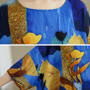 Buddha Stones Blue Yellow Flowers Leaves Batwing Sleeve Linen T-shirt Tee Women's T-Shirts BS 6