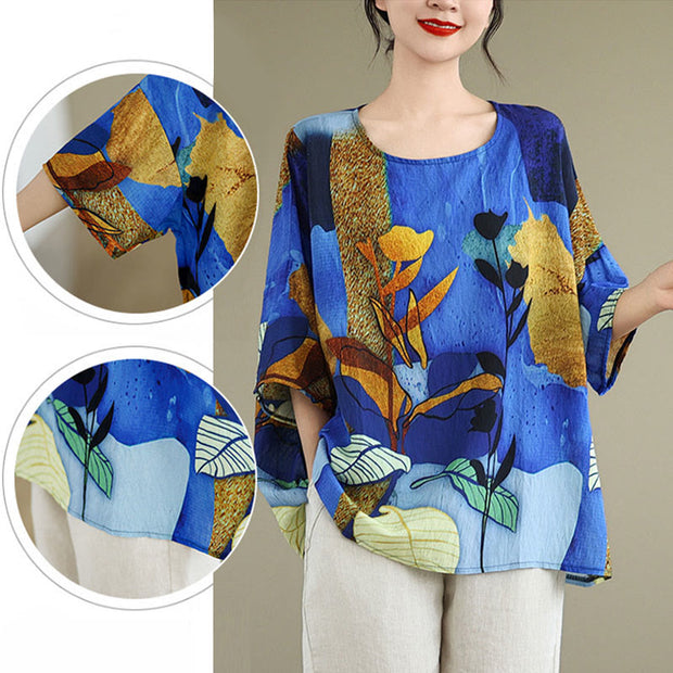 Buddha Stones Blue Yellow Flowers Leaves Batwing Sleeve Linen T-shirt Tee Women's T-Shirts BS 10