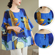 Buddha Stones Blue Yellow Flowers Leaves Batwing Sleeve Linen T-shirt Tee Women's T-Shirts BS 9