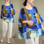 Buddha Stones Blue Yellow Flowers Leaves Batwing Sleeve Linen T-shirt Tee Women's T-Shirts BS 11