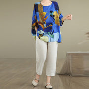 Buddha Stones Blue Yellow Flowers Leaves Batwing Sleeve Linen T-shirt Tee Women's T-Shirts BS 12