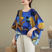 Buddha Stones Blue Yellow Flowers Leaves Batwing Sleeve Linen T-shirt Tee Women's T-Shirts BS 4