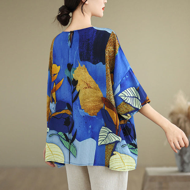 Buddha Stones Blue Yellow Flowers Leaves Batwing Sleeve Linen T-shirt Tee Women's T-Shirts BS 1