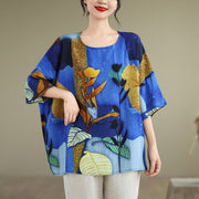 Buddha Stones Blue Yellow Flowers Leaves Batwing Sleeve Linen T-shirt Tee Women's T-Shirts BS 3