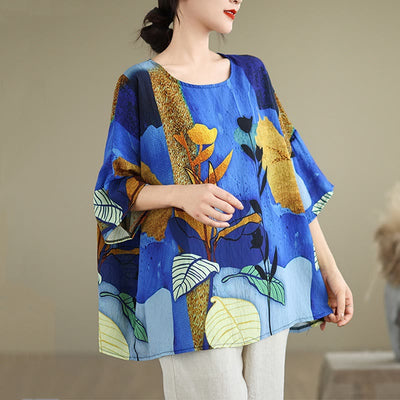 Buddha Stones Blue Yellow Flowers Leaves Batwing Sleeve Linen T-shirt Tee Women's T-Shirts BS F(Fit for US4-14; UK/AU8-18; EU36-46)