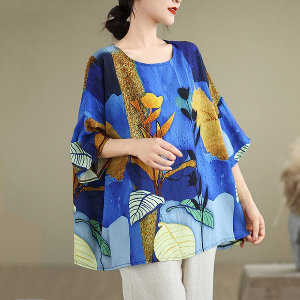 Buddha Stones Blue Yellow Flowers Leaves Batwing Sleeve Linen T-shirt Tee Women's T-Shirts BS F(Fit for US4-14; UK/AU8-18; EU36-46)