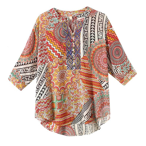 Buddha Stones Women's Mandala Geometry Half Button Shirt Women's Shirts BS 15