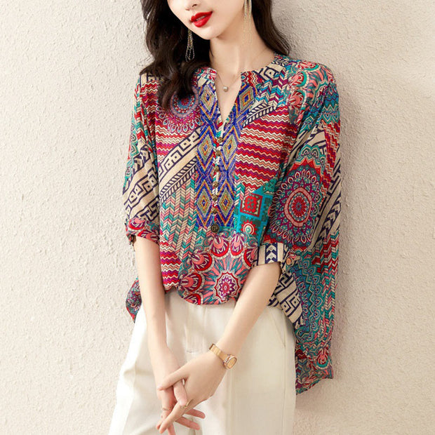 Buddha Stones Women's Mandala Geometry Half Button Shirt Women's Shirts BS 11