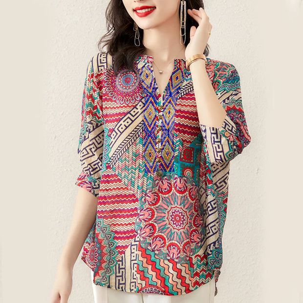 Buddha Stones Women's Mandala Geometry Half Button Shirt Women's Shirts BS 8