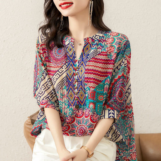 Buddha Stones Women's Mandala Geometry Half Button Shirt Women's Shirts BS 9