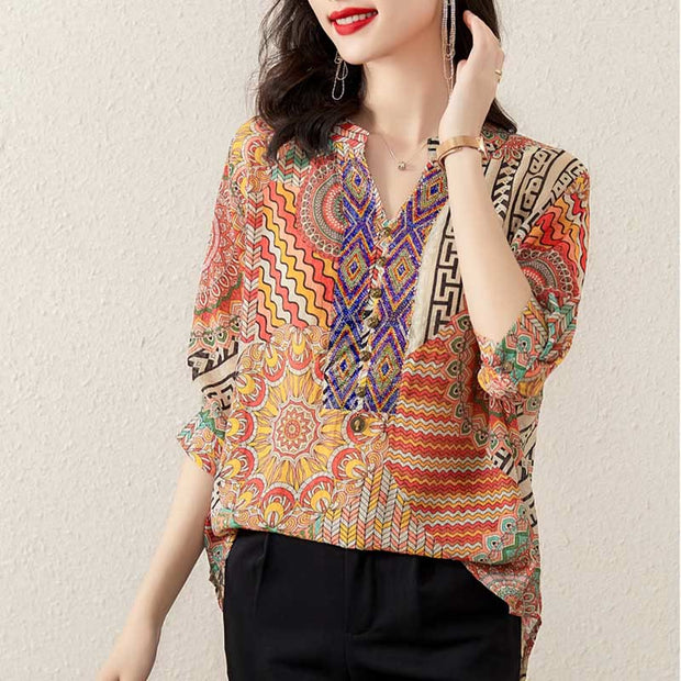 Buddha Stones Women's Mandala Geometry Half Button Shirt Women's Shirts BS 21