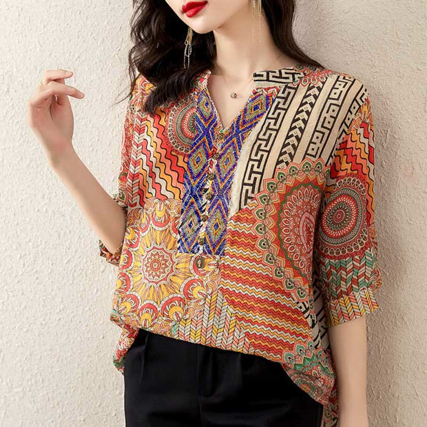 Buddha Stones Women's Mandala Geometry Half Button Shirt Women's Shirts BS 14