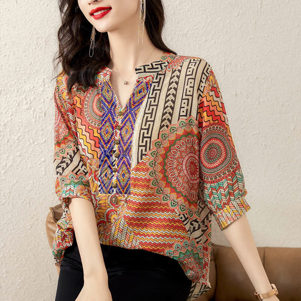 Buddha Stones Women's Mandala Geometry Half Button Shirt Women's Shirts BS 22