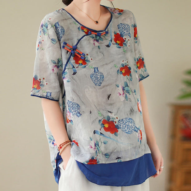 Buddha Stones Red Flowers Vase Birds Frog-Button Short Sleeve Shirt T-shirt Tee Women's Shirts BS 11