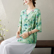 Buddha Stones Flower Print Lace-up Frog-Button Half Sleeve Shirt T-shirt Tee Women's Shirts BS 2