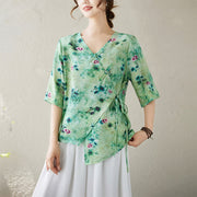 Buddha Stones Flower Print Lace-up Frog-Button Half Sleeve Shirt T-shirt Tee Women's Shirts BS 1
