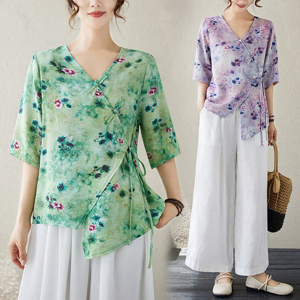 Buddha Stones Flower Print Lace-up Frog-Button Half Sleeve Shirt T-shirt Tee Women's Shirts BS 17