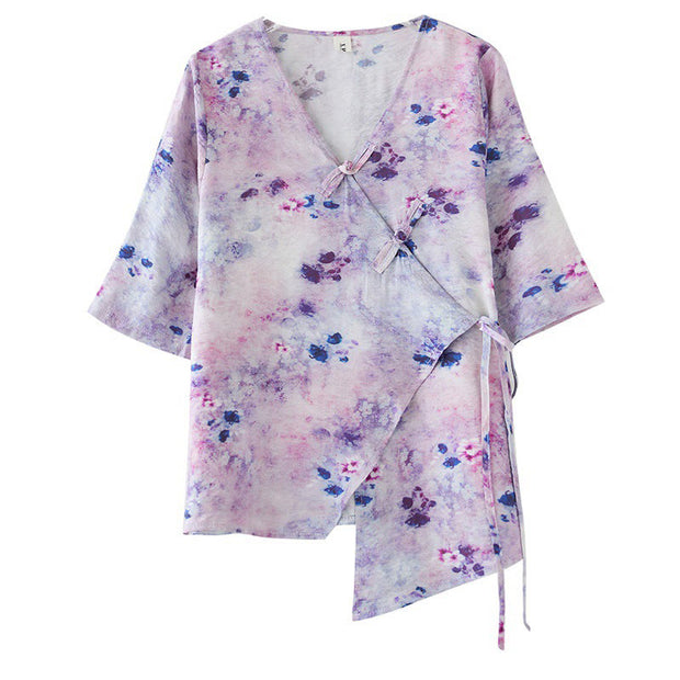 Buddha Stones Flower Print Lace-up Frog-Button Half Sleeve Shirt T-shirt Tee Women's Shirts BS 9
