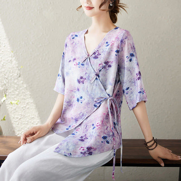 Buddha Stones Flower Print Lace-up Frog-Button Half Sleeve Shirt T-shirt Tee Women's Shirts BS 7
