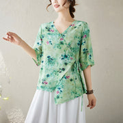 Buddha Stones Flower Print Lace-up Frog-Button Half Sleeve Shirt T-shirt Tee Women's Shirts BS 3