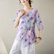 Buddha Stones Flower Print Lace-up Frog-Button Half Sleeve Shirt T-shirt Tee Women's Shirts BS 8