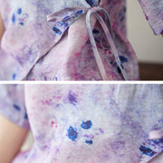 Buddha Stones Flower Print Lace-up Frog-Button Half Sleeve Shirt T-shirt Tee Women's Shirts BS 11