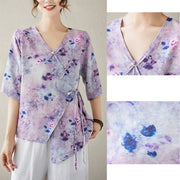 Buddha Stones Flower Print Lace-up Frog-Button Half Sleeve Shirt T-shirt Tee Women's Shirts BS 13