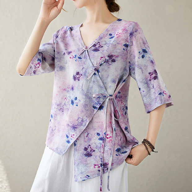 Buddha Stones Flower Print Lace-up Frog-Button Half Sleeve Shirt T-shirt Tee Women's Shirts BS Plum XL(Fit for US6; UK/AU10; EU38)