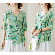 Buddha Stones Flower Print Lace-up Frog-Button Half Sleeve Shirt T-shirt Tee Women's Shirts BS 4