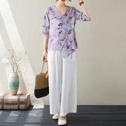 Buddha Stones Flower Print Lace-up Frog-Button Half Sleeve Shirt T-shirt Tee Women's Shirts BS 15