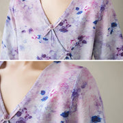 Buddha Stones Flower Print Lace-up Frog-Button Half Sleeve Shirt T-shirt Tee Women's Shirts BS 10