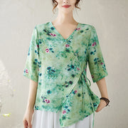 Buddha Stones Flower Print Lace-up Frog-Button Half Sleeve Shirt T-shirt Tee Women's Shirts BS PaleGreen XL(Fit for US6; UK/AU10; EU38)