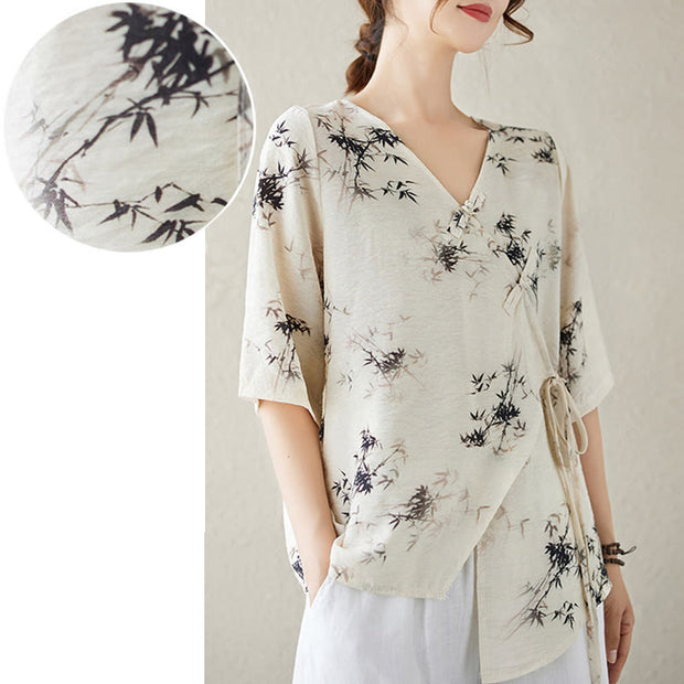 Buddha Stones Ink Bamboo Leaves Print V-Neck Lace-up Frog-Button Shirt T-shirt Tee Women's Shirts BS 16