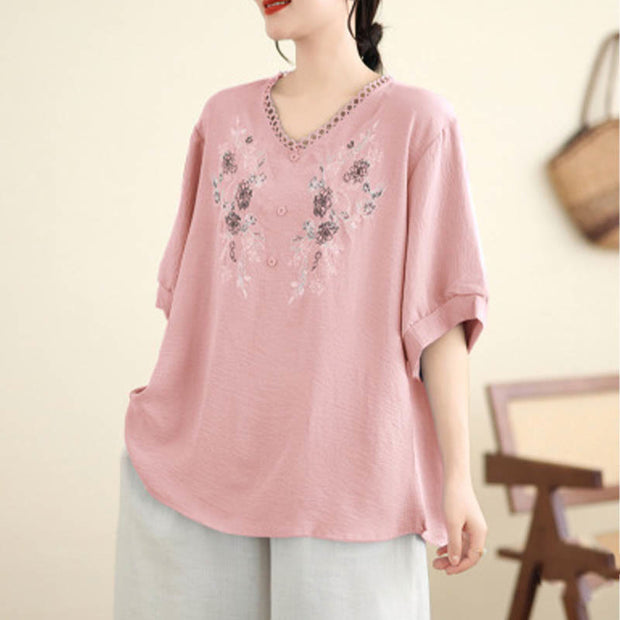 Buddha Stones Floral Embroidery V-Neck Half Sleeve T-shirt Tee Women's T-Shirts BS 1