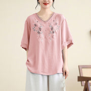 Buddha Stones Floral Embroidery V-Neck Half Sleeve T-shirt Tee Women's T-Shirts BS LightPink F(Fit for US4-8/10; UK/AU8-12/14; EU36-40/42)