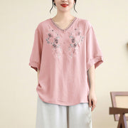 Buddha Stones Floral Embroidery V-Neck Half Sleeve T-shirt Tee