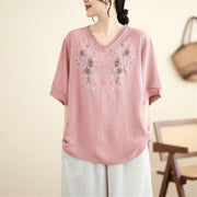 Buddha Stones Floral Embroidery V-Neck Half Sleeve T-shirt Tee Women's T-Shirts BS 2