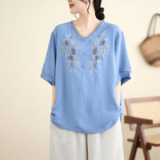 Buddha Stones Floral Embroidery V-Neck Half Sleeve T-shirt Tee Women's T-Shirts BS LightSteelBlue F(Fit for US4-8/10; UK/AU8-12/14; EU36-40/42)