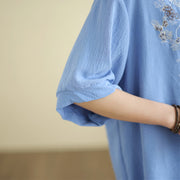 Buddha Stones Floral Embroidery V-Neck Half Sleeve T-shirt Tee