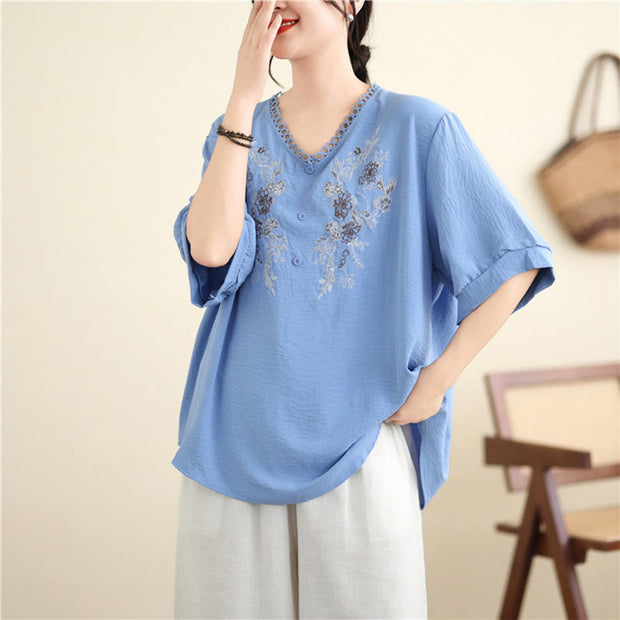 Buddha Stones Floral Embroidery V-Neck Half Sleeve T-shirt Tee Women's T-Shirts BS 8